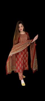 Red Printed Rayon Kurti Pant With Duppta