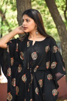 Black Hand Block Printed Cotton Kaftan