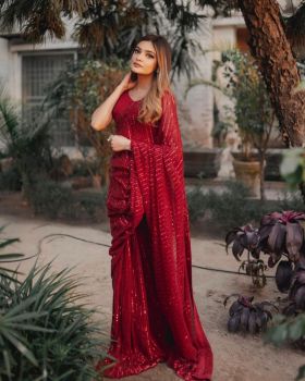 Red Wine Party Wear Georgette Sequence Saree