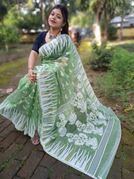 Light Green Floral Jamdani Cotton From Bengal saree