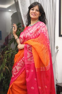 Orange Pink Pure Handloom Linen By Linen Saree From Bengal