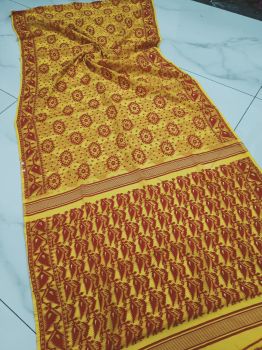 Yellow Red Corona Dhakai Jamdani Cotton Saree From Bengal
