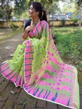 Light Green & Pink Floral Jamdani Cotton From Bengal saree