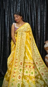Yellow Pure Handloom Jamdani Saree From Bengal