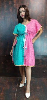 Green And Pink Cotton Kaftan Top Beige From Bengal