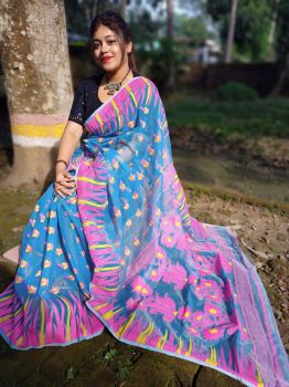 Sky Blue & Pink Floral Jamani Cotton From Bengal saree