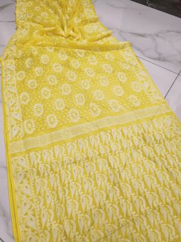 Light Yellow Corona Dhakai Jamdani Cotton Saree From Bengal