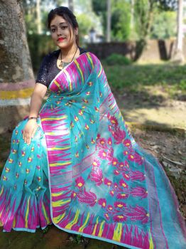 Terquise & Pink Floral Jamdani Cotton From Bengal