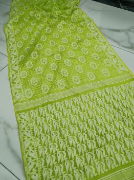 Light Green Corona Dhakai Jamdani Cotton Saree From Bengal