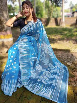 Sky Blue & White Floral Jamdani Cotton From Bengal saree