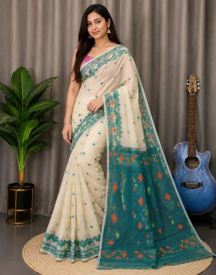 Cream White Pure Handloom Dhakai Jamdani Saree From Bengal