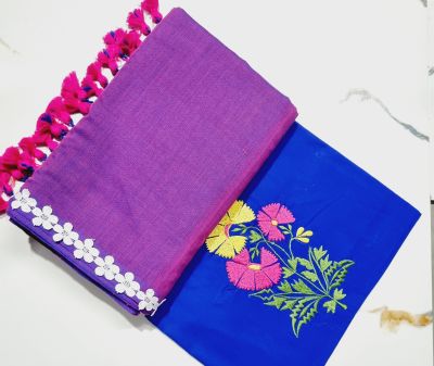 Blue Purple Pure Handloom Cotton Saree From Bengal