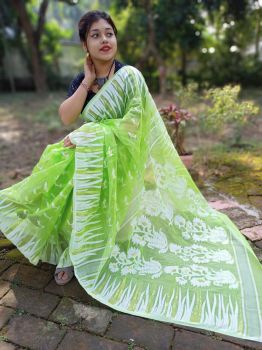 Mint Green & White Jamdani Cotton From Bengal saree