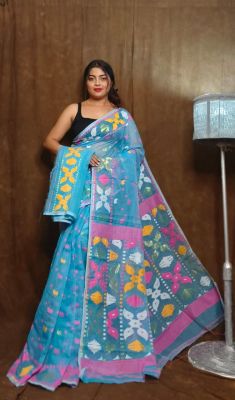 Sky Blue Pure Handloom Dhakai Jamdani Saree From Bengal