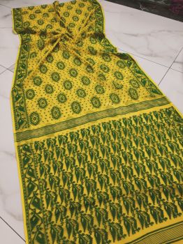 Yellow Green Corona Dhakai Jamdani Cotton Saree From Bengal