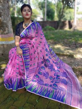 Pink & Blue Floral Jamdani Cotton From Bengal saree