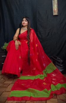 Red Green Dumroo Pure Handloom Silk Cotton Saree