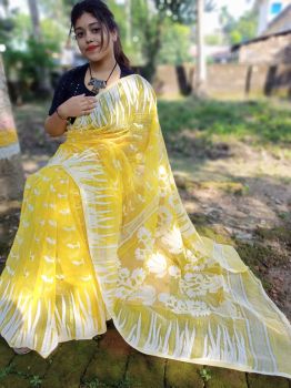 Lemon Yellow & White Floral Jamdani Cotton From Bengal saree