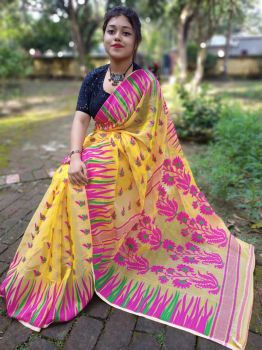 Yellow & Pink Floral Jamdani Cotton From BengalBengal