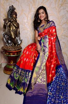 Bright Orange Cotton Chanderi Silk Kalamkari Saree from Banaras