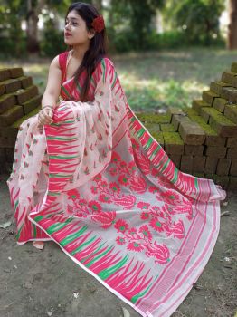 Bridge & Red Floral Jamdani Cotton From Bengal Saree