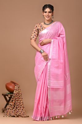 Pink Pure Handloom Linen By Linen Saree From Bengal