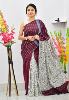 Maroon Pure Handloom Khesh Cotton Saree From Bengal