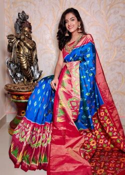 Bright Blue Cotton Chanderi Silk Kalamkari Saree from Banaras
