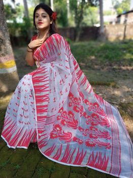 White & Red Floral Jamdani Cotton From Bengal Saree