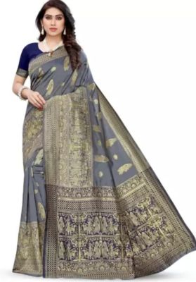 Gray Pure Handloom Banarasi Silk Saree From Banaras