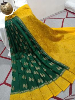 Dark Green Yellow Silk Pure Handloom Leaf Design Banarasi Saree