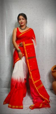 Red White Pure Handloom Cotton Saree From Bengal