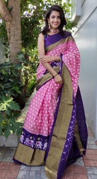 Light Pink Cotton Chanderi Silk Kalamkari Saree from Banaras
