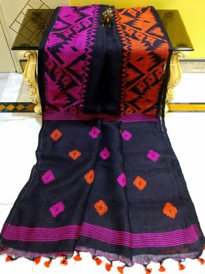 Multi Colour Pure Handloom Linen By Linen Saree From Bengal
