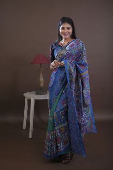 Blue Pure Handloom Katha Stitch Saree From Bengal