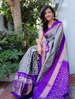 Grey Cotton Chanderi Silk Kalamkari Saree from Banaras