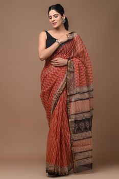 Sanguine Brown Kota Doriya Printed Leaf Design Saree