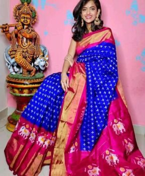 Royal Blue Cotton Chanderi Silk Kalamkari Saree from Banaras