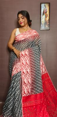 Black Pure Handloom Ikkat Jamdani Saree From Bengal