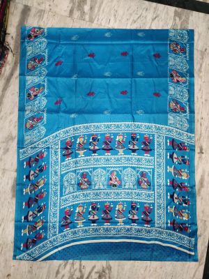 Sky Blue Pure Handloom Silk Cotton Saree From Bengal