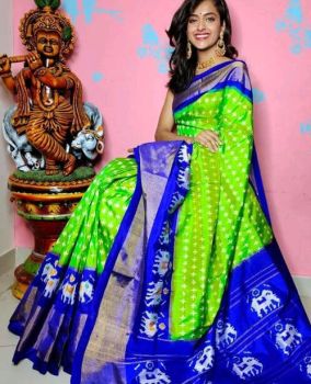 Bright Lime Green Cotton Chanderi Silk Kalamkari Saree from Banaras