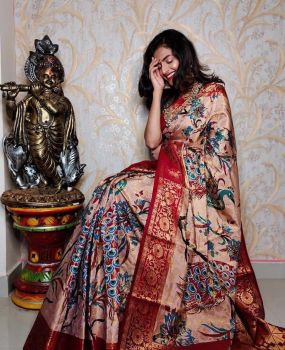 Greyish Pink Cotton Chanderi Silk Kalamkari Saree from Banaras
