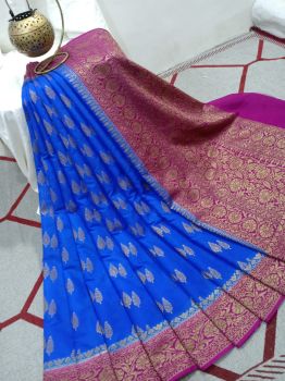 Royal Blue Silk Leaf Design Banarasi Saree
