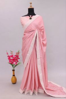 Pink Stripes Rubber Print Embroidery Foil Mirror Work Pure Chiffon Saree