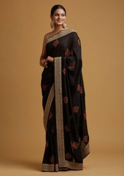 Black Flower Thread Work Sequence Silk Saree