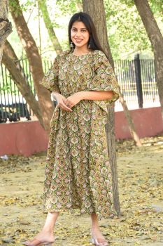 Mehandi Green Hand Block Printed Cotton Kaftan