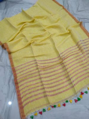 Yellow Pure Handloom Linen By Linen Saree From Bengal