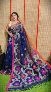 Blue Pure Handloom Organic Linen By Linen Saree From Bengal