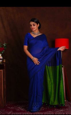 Royal Blue Pure Handloom Cotton Saree From Bengal
