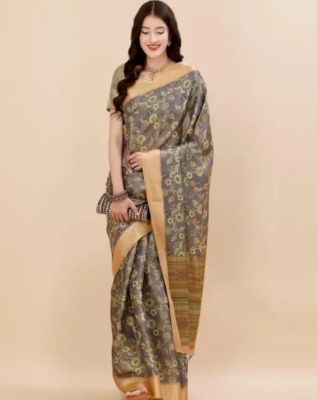 Gray Pure Handloom Silk Cotton Saree From Banaras